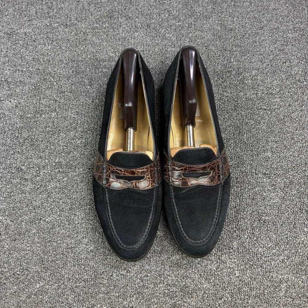 Moreschi Black Suede Penny Loafers Croc Style Strap Vibram Sole Italy Size 10